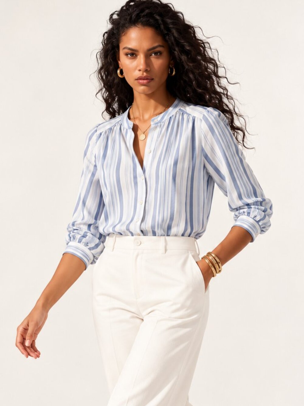 LOFT Outlet Blue Stripe Button Front Blouse Long Sleeve Size M NWT